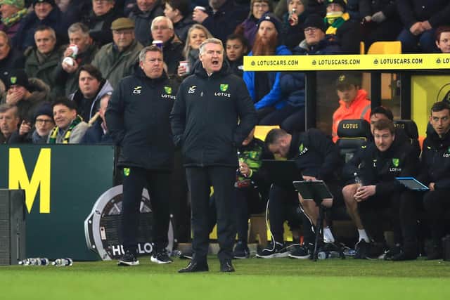 GRIPES: For Norwich City boss Dean Smith, above, pictured during Saturday's 3-1 loss at home to Brentford. Photo by Stephen Pond/Getty Images.