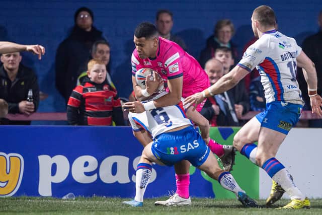 Leeds Rhinos' David Fusitu'a barges his way over for a try against Wakefield Trinity last week. Picture: Allan McKenzie/SWpix.com.