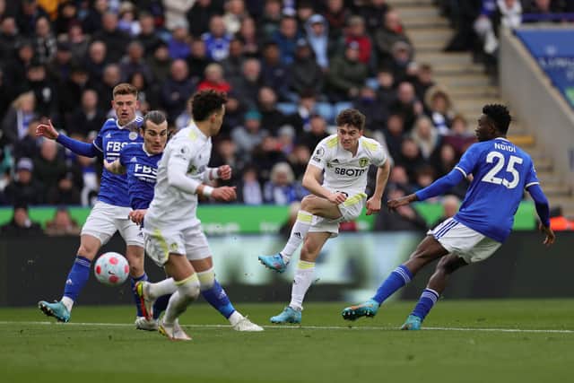 Leeds United's Dan James fires in a shot against Leicester City. Picture:  James Holyoak/MB Media/Getty Images.