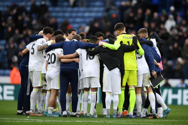Leeds United's players huddle together at full time. 
Picture: Jonathan Gawthorpe.