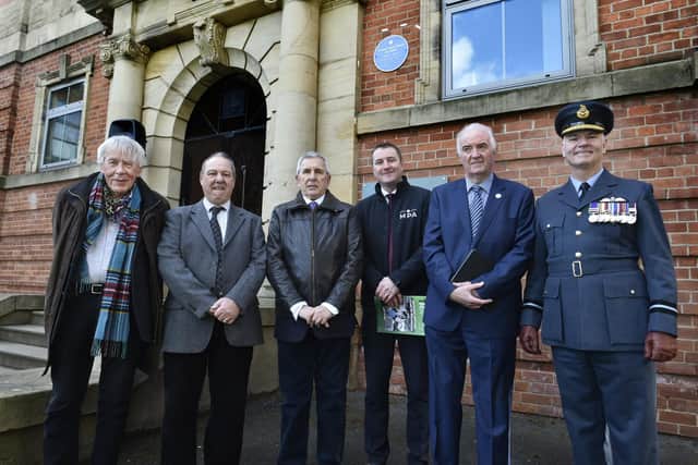 From left, Ian MacNiver husband of Coun Christine MacNiver, Michael and Stewart Manning, Matthew Partington Head Teacher Roundhay High School, Geoff Walsh of the Yorkshire Society, Air Commodore Stuart Stirrat. Picture: Steve Riding