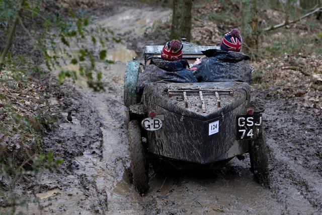Stephen Fathers and his classic car are up to their necks in mud as they slip-slide their 1929 Austin Abbot Special through the perils of the John Harris Trial. Photo Rod Kirkpatrick/F Stop Press