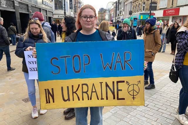 Polina Merkulova, of Feminist Anti-War Resisters, took part in the protest and addressed the crowd on the Town Hall steps.