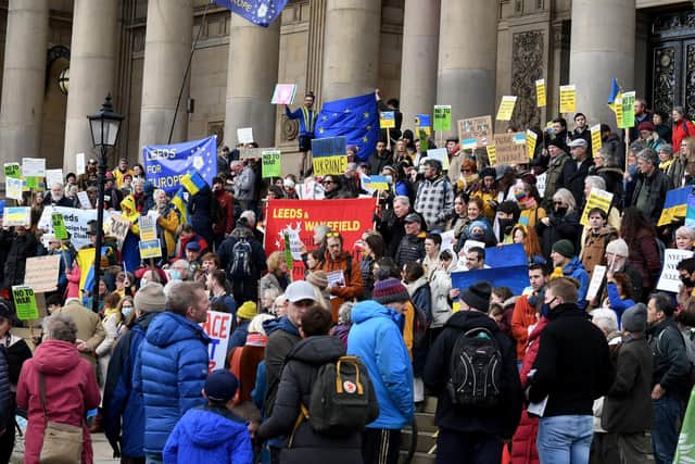 Anti-war protesters gathered on the steps outside Leeds Town Hall.