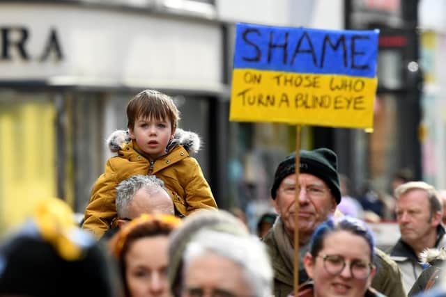 Protestors gathered in Leeds at the weekend to call for an end to the war in Ukraine. Pic: Simon Hulme