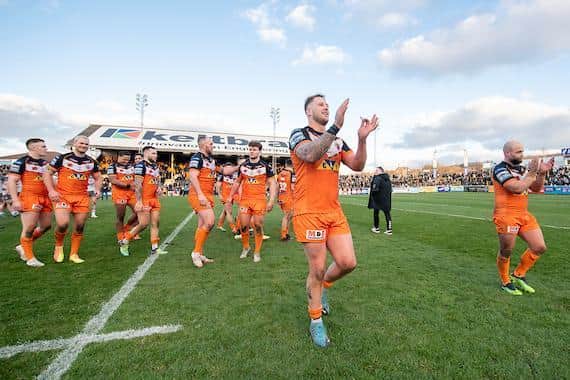 Joe Westerman leads the celebrations after Tigers' first win of the season. Picture by SAllan McKenzie/SWpix.com.