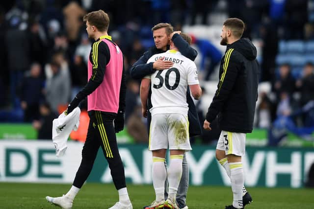ENCOURAGEMENT: From new Leeds United head coach Jesse Marsch, pictured consoling Joe Gelhardt after Saturday's 1-0 defeat at Leicester City as Patrick Bamford, left, and Mateusz Klich, right, look on. Picture by Jonathan Gawthorpe.