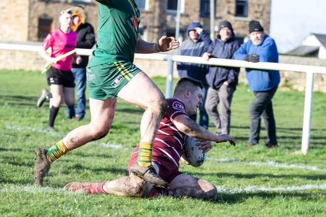 George Woodcock dives over for a try for Thornhill Trojans. Picture: Bruce Fitzgerald