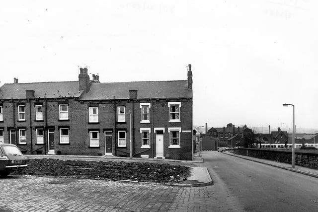 The junction of Pleasant Terrace with St. Matthew's Street on the right, showing houses on Pleasant Terrace in February 1980.