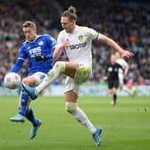 Luke Ayling and Jamie Vardy vie for the ball during Leeds United's 1-0 defeat to Leciester City. Pic: Michael Regan.