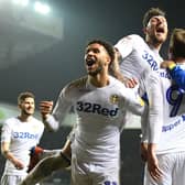 Tyler Roberts celebrates with his Leeds United teammates as the Whites claim a 4-0 victory over the striker's former side, West Bromwich Albion, in March 2019. Pic: George Wood.