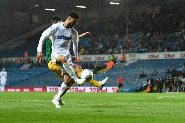 Leeds United forward Tyler Roberts lobs Declan Rudd during the Whites' 3-0 victory over Preston North End. Pic: George Wood.