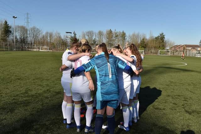 Leeds United Women huddle before the County Cup semi-final. Pic: LUFC.