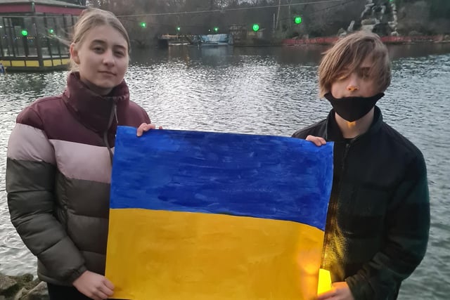 Scarborough College students with the Ukrainian flag