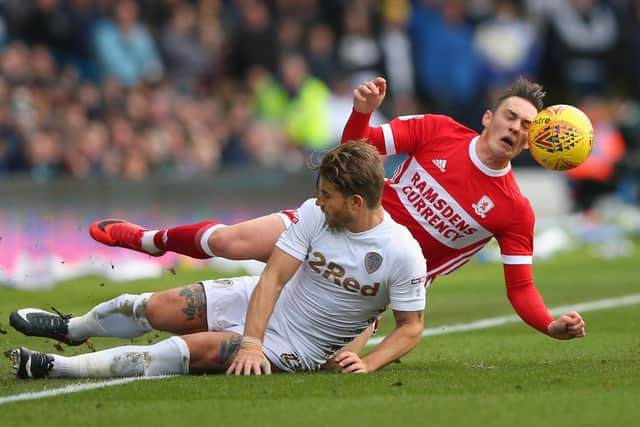 Leeds United defender Gaetano Berardi tackles Middlesborough's Connor Roberts. Pic: Alex Livesey.