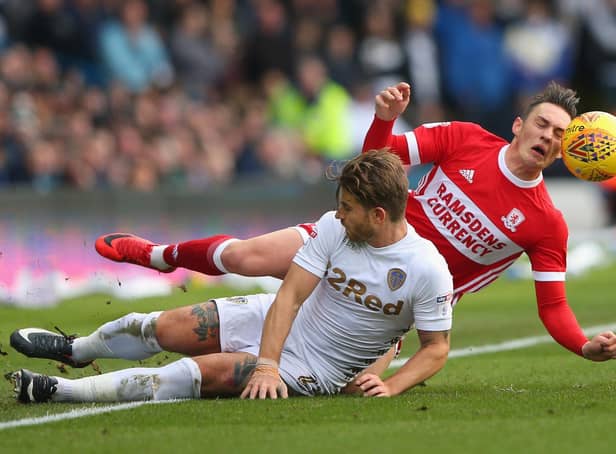 Leeds United defender Gaetano Berardi tackles Middlesborough's Connor Roberts. Pic: Alex Livesey.