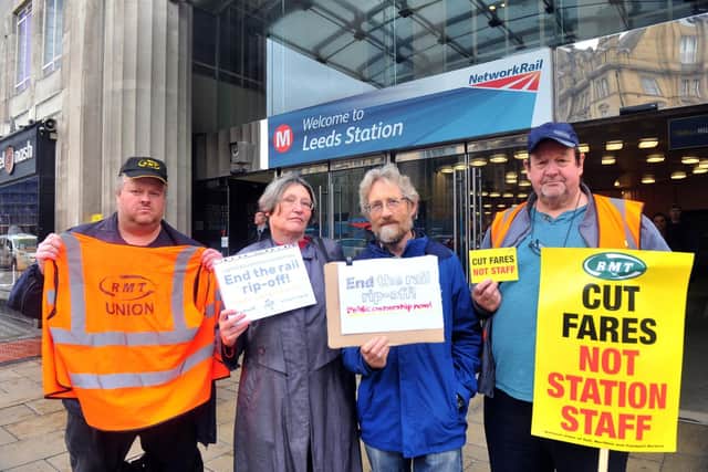 Members of the Rail, Maritime and Transport union (RMT) protesting outside Leeds Station back in 2019. Picture: Gary Longbottom