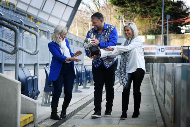 Rob Burrow’s sisters Joanne Hartshorne and Claire Burnett, join Leeds Rhinos legend Barrie McDermott, to launch the ‘Burrow Strictly Ball’ at Headingley Stadium. They are aiming to raise £100K in aid of the new Rob Burrow Centre for Motor Neurone Disease (MND) in Leeds. Picture : Jonathan Gawthorpe