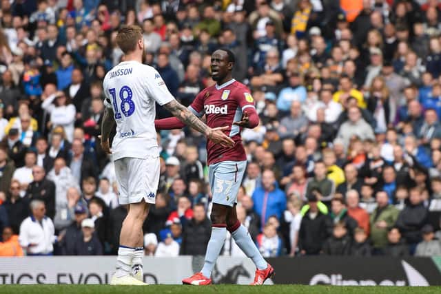 Pontus Jansson and Albert Adomah fight after the Aston Villa winger walked the ball into Leeds' net. Pic: George Wood.