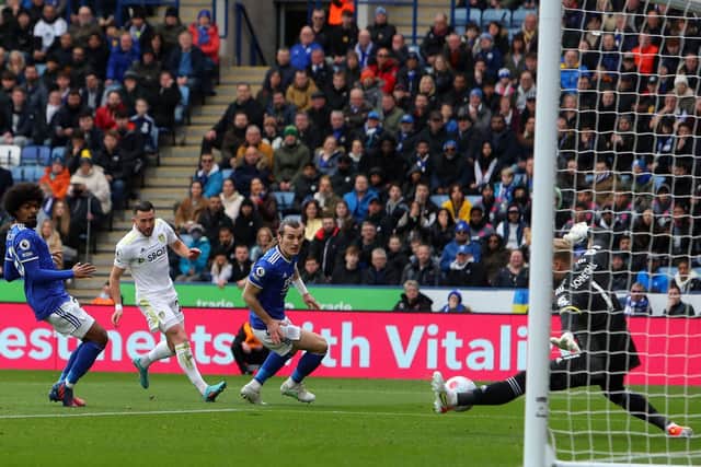 CLOSE: Leeds United's Jack Harrison, second left, sees a shot saved by Kasper Schmeichel during Saturday's 1-0 defeat at Leicester City. Photo by GEOFF CADDICK/AFP via Getty Images.