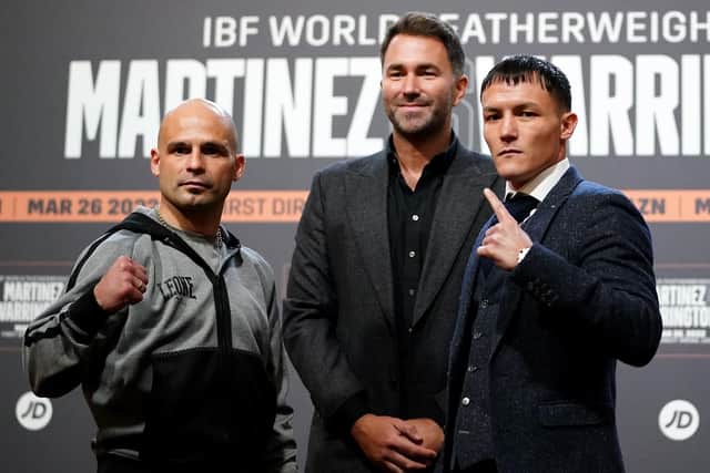 READY FOR BATTLE: Josh Warrington, right, with next opponent Kiko Martinez, left, and promotor Eddie Hearn. Picture: Zac Goodwin/PA Wire.