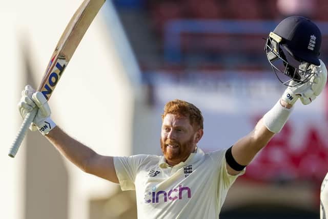 He's ton it: Jonny Bairstow's bat says it all as the Yorkshireman celebrates his century against the Windies.
(AP Photo/Ricardo Mazalan)