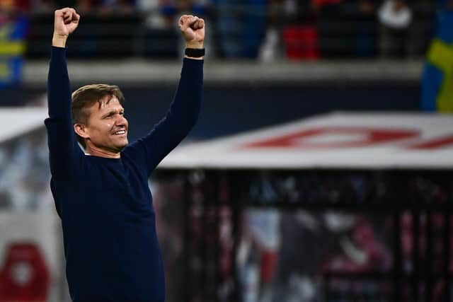 STRONG STARTER: Jesse Marsch celebrates following RB Leipzig's 4-0 victory against  VfB Stuttgart in his first home game in charge back in August 2021. Photo by TOBIAS SCHWARZ/AFP via Getty Images.