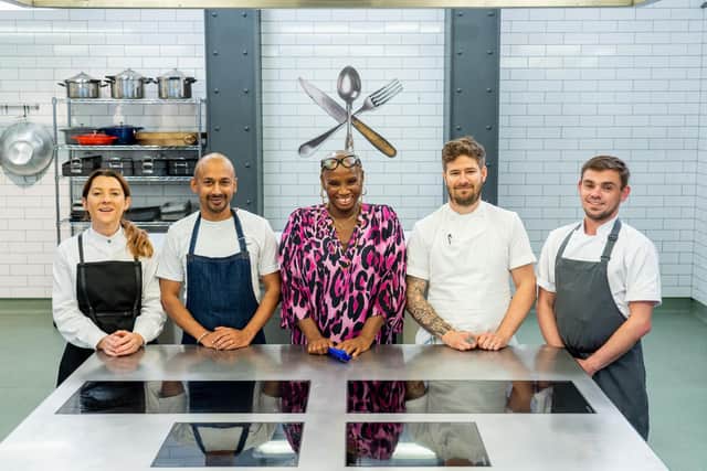 Liz with Bobby Geetha, presenter Andi Oliver, Luke French, the owner of Jöro in Sheffield, and Mark Aisthorpe of the Bulls Head in Derbyshire (Photo: BBC)