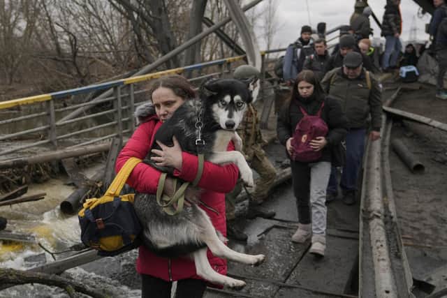 A woman holds a dog while crossing the Irpin river on an improvised path under a bridge, that was destroyed by Ukrainian troops designed to slow any Russian military advance, while fleeing the town of Irpin, Ukraine, Saturday, March 5, 2022.  (AP Photo/Vadim Ghirda)