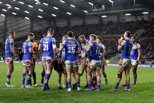 Leeds Rhinos players looking dejected during the Betfred Super League match at Headingley Stadium, Leeds. Picture date: Thursday March 10, 2022. PA Photo. See PA story RUGBYL Leeds. Photo credit should read: Richard Sellers/PA Wire.
RESTRICTIONS: Use subject to restrictions. Editorial use only, no commercial use without prior consent from rights holder.