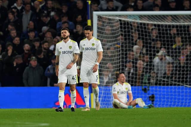 BIG ISSUE: Mateusz Klich, left, Robin Koch, centre, and Luke Ayling, right, after Leeds United concede for the third time in Thursday night's defeat to Aston Villa at Elland Road. Picture by Jonathan Gawthorpe.