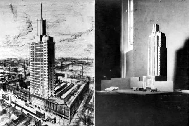 Pictured left is an artist's impression of the planned skyscraper and on the right a model. PICS: Leeds Libraries, www.leodis.net