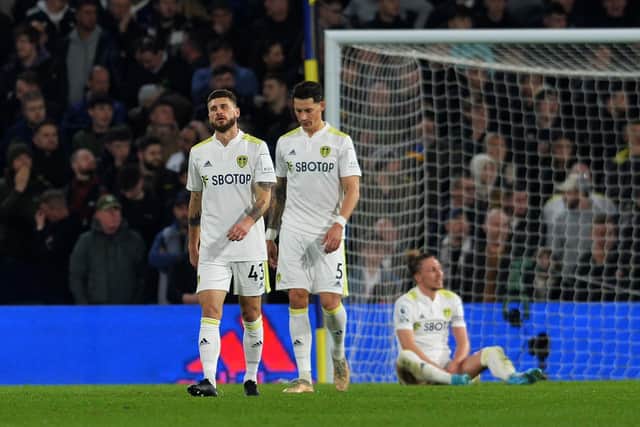 NIGHT TO FORGET: Leeds United’s players show their dismay during Thursday night’s 3-0 Premier League home defeat against Aston Villa at Elland Road Picture : Jonathan Gawthorpe
