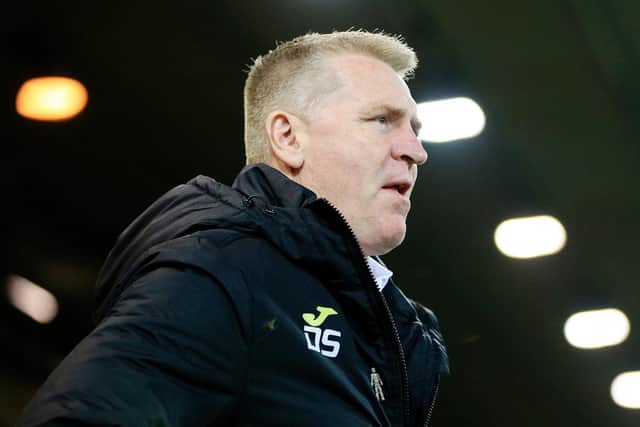 UPBEAT: Norwich City boss Dean Smith after his side's second-half display in Thursday night's 3-1 loss at home to Chelsea, above, ahead of Sunday's clash against Leeds United at Elland Road. Photo by Stephen Pond/Getty Images.