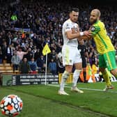 Teemu Pukki pushes Jack Harrison during Leeds United's 2-1 victory over Norwich City at Carrow Road. Pic: Julian Finney.