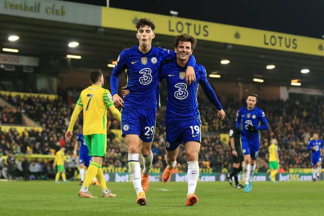 Mason Mount and Kai Havertz celebrate Chelsea's third goal during the Blues' 3-1 win over Norwich City. Pic: Stephen Pond.