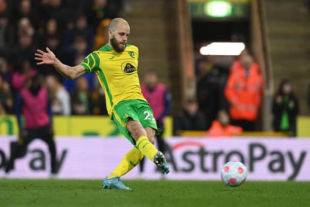 KEY THREAT: Norwich City striker Teemu Pukki, pictured slotting home a second-half penalty in Thursday night's 3-1 loss at home to Chelsea, the forward bagging his second goal in his last two games. Photo by GLYN KIRK/AFP via Getty Images.