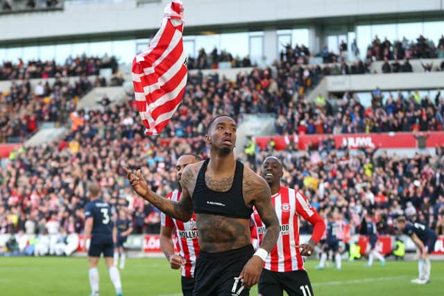 LATE TWIST: Ivan Toney celebrates putting Brentford 1-0 up against Burnley before later doubling the Bees advantage from the penalty spot after Nathan Collins was sent off. Photo by Catherine Ivill/Getty Images.