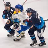 Harry Gulliver (centre) is set to miss a second successive weekend for Leeds Knights as he gets ice time in the Elite League with parent club Manchester Storm. Picture: Bruce Rollinson