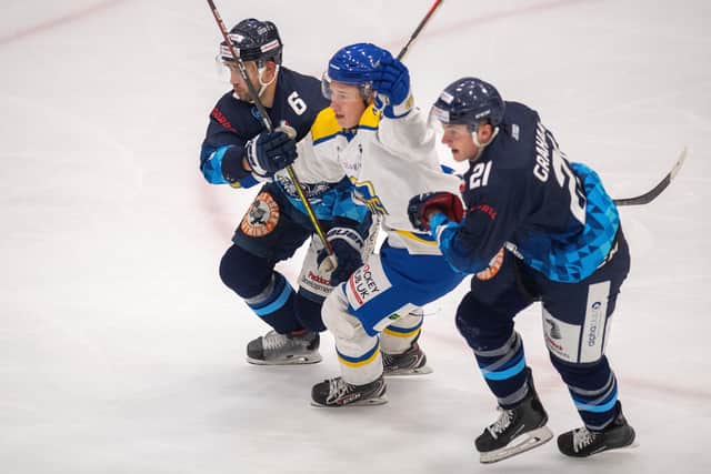 Harry Gulliver (centre) is set to miss a second successive weekend for Leeds Knights as he gets ice time in the Elite League with parent club Manchester Storm. Picture: Bruce Rollinson