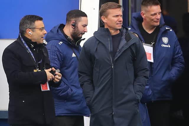 DEFENCE: From Leeds United chairman Andrea Radrizzani, left, pictured with new head coach Jesse Marsch, second right, before last weekend's clash against Leicester City at the King Power. Photo by GEOFF CADDICK/AFP via Getty Images.
