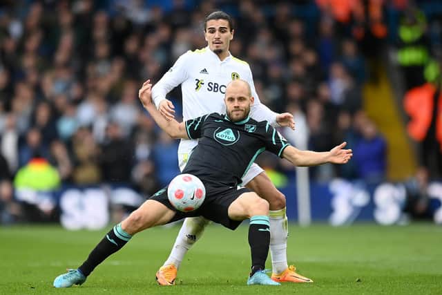 Teemu Pukki holds off Pascal Struijk. Pic: Michael Regan.