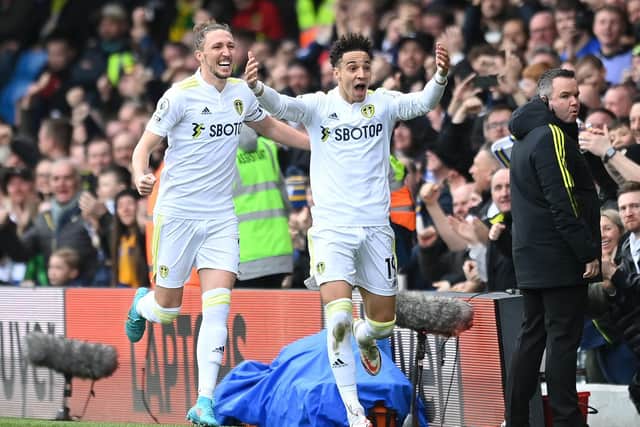 Rodrigo celebrates putting Leeds United ahead against Norwich City. pic: Michael Regan.