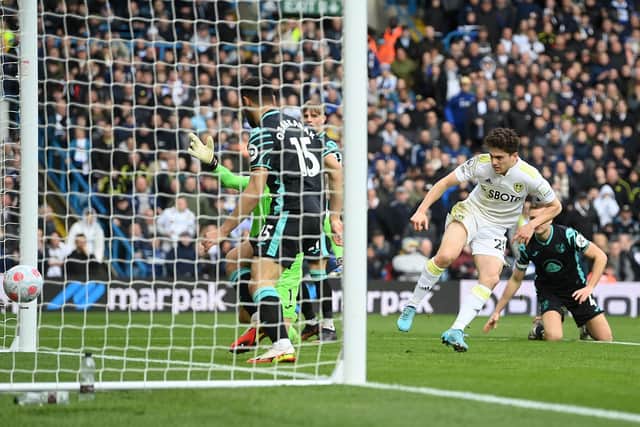 Dan James scores for Leeds United but it is ruled offside. Pic: Michael Regan.