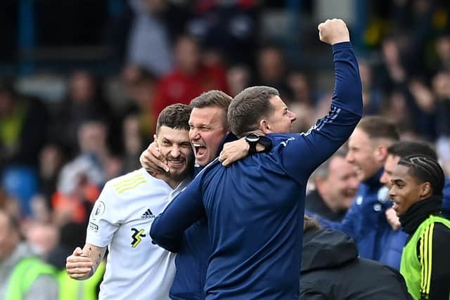 Leeds United head coach Jesse Marsch celebrates Joe Gelhardt's winner with Mateusz Klich and Mark Jackson. Pic: Michael Regan.