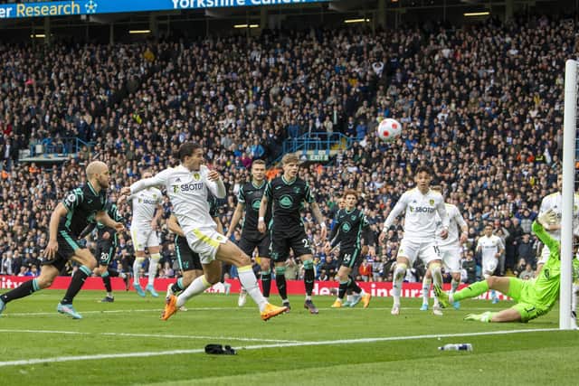 Leeds' Pascal Struijk clears the bar from close range.  (Picture: Tony Johnson)