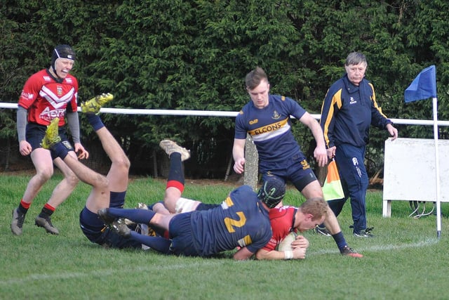 Brodie Matthews gets the ball down over the line for his try for Pontefract.