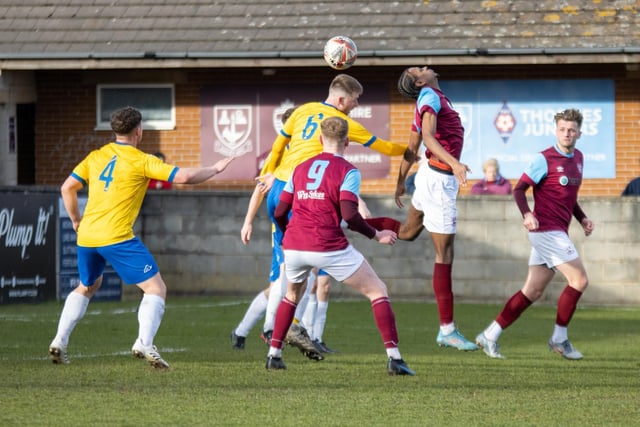 Donae Lawrence flicks the ball on for Emley. Picture: Mark Parsons