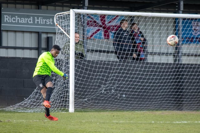 Michael Acquah had an impressive game in goals for Emley AFC. Picture: Mark Parsons