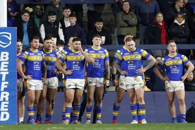 Leeds Rhinos' players show their frustration during their defeat to Hull FC. Picture: Richard Sellers/PA Wire.